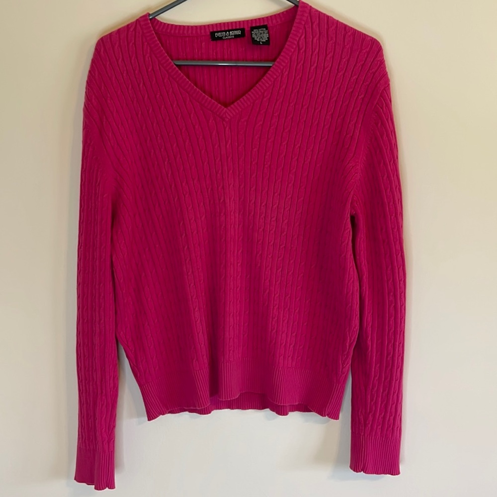 Evelyn & Arthur Womens Large Hot Pink Cable Knot Sweater V-Neck